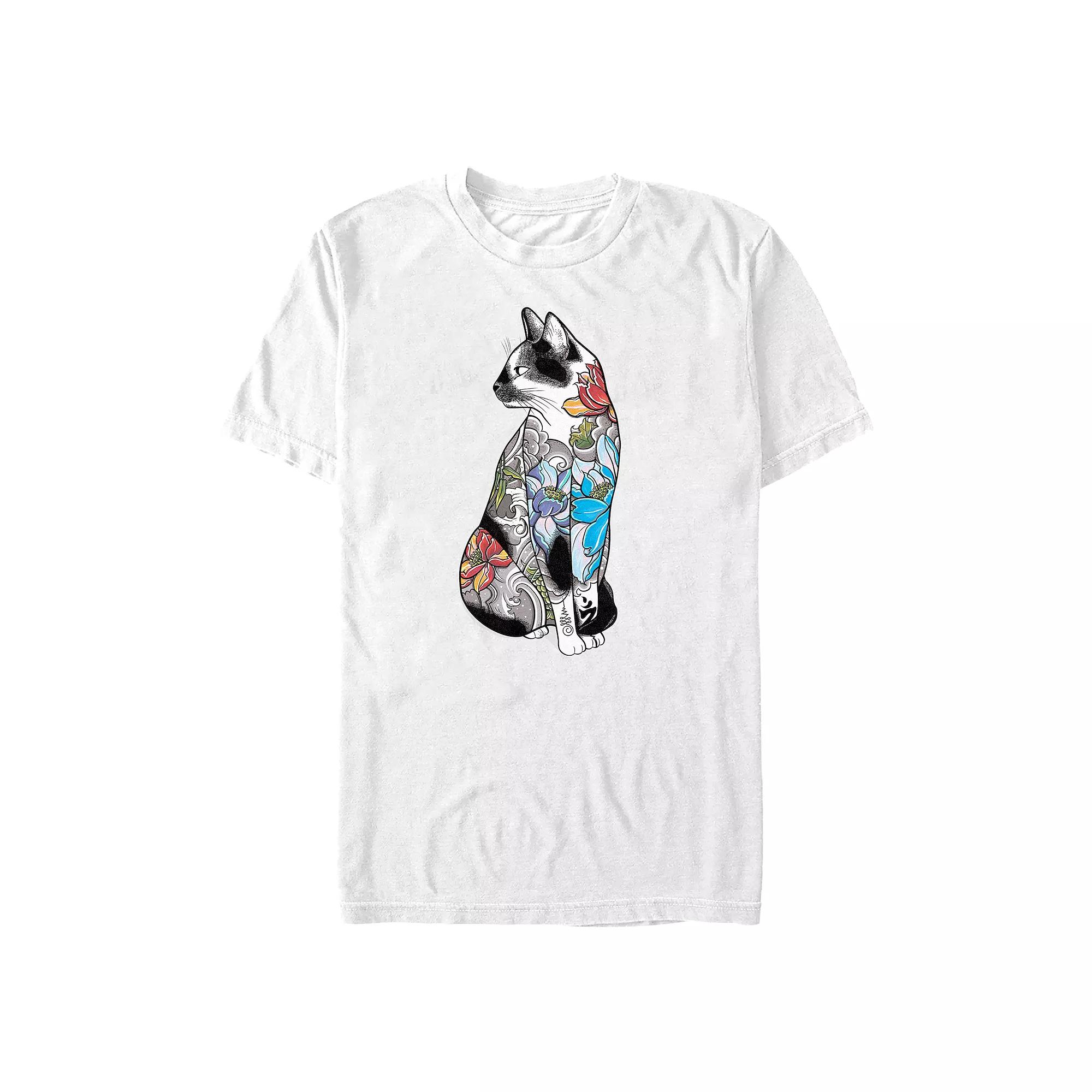 Big & Tall Cat In Lotus Flowers Tattoos Graphic Tee, Men's, Size: 3XL Tall, White Product Image