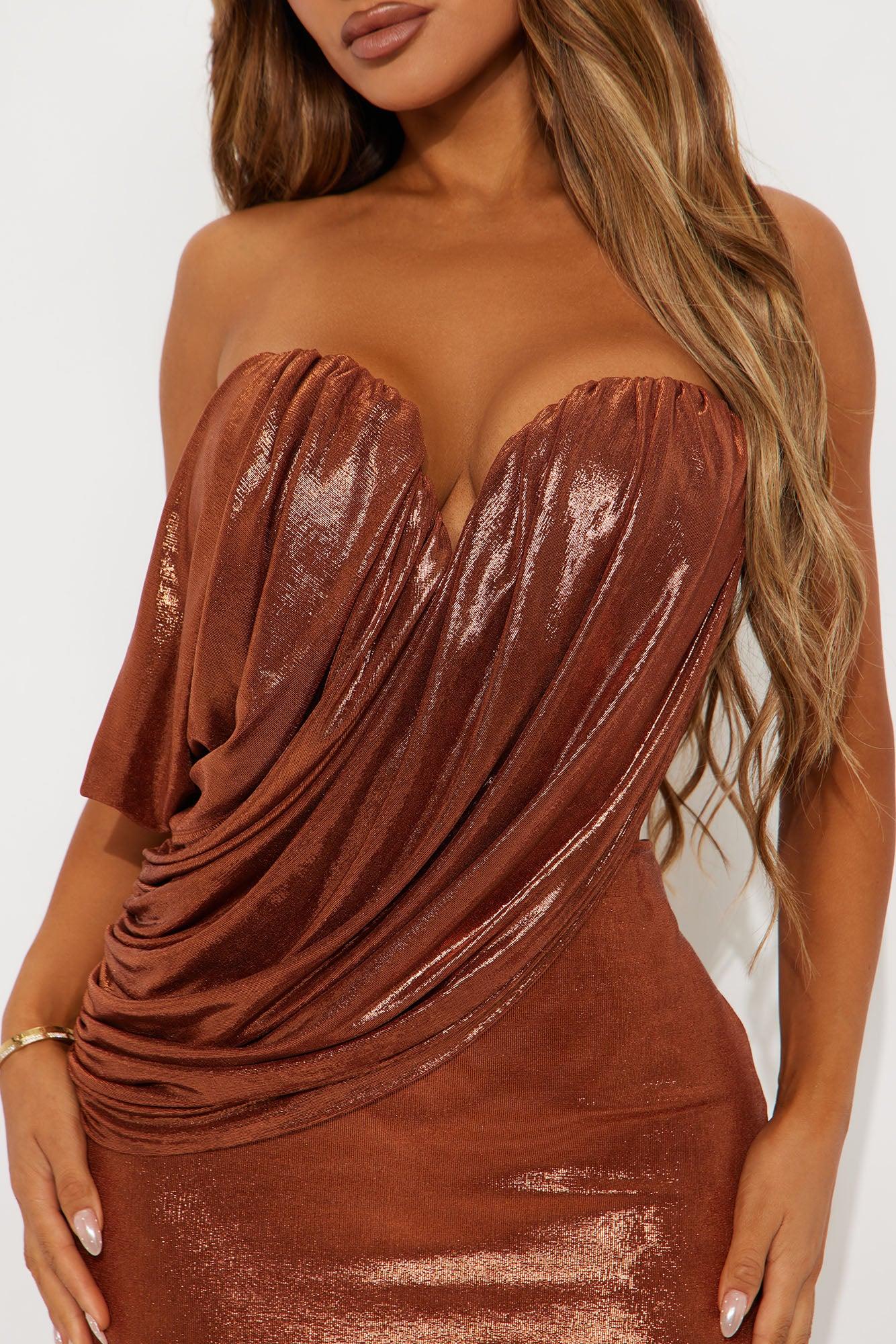 Margaret Metallic Draped Gown - Brown Female Product Image