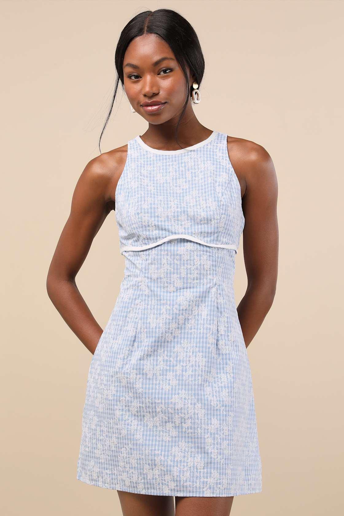 Berendina Blue Gingham Embroidered Mini Dress Product Image