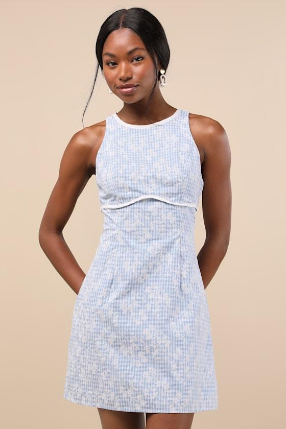 Berendina Blue Gingham Embroidered Mini Dress Product Image