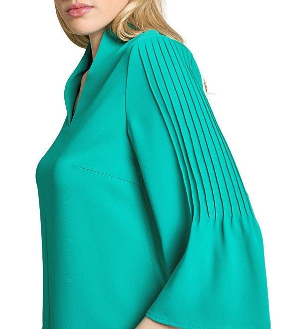 Ming Wang Crepe Pintuck Mandarin Collar V-Neck 3/4 Sleeve Blouse Product Image