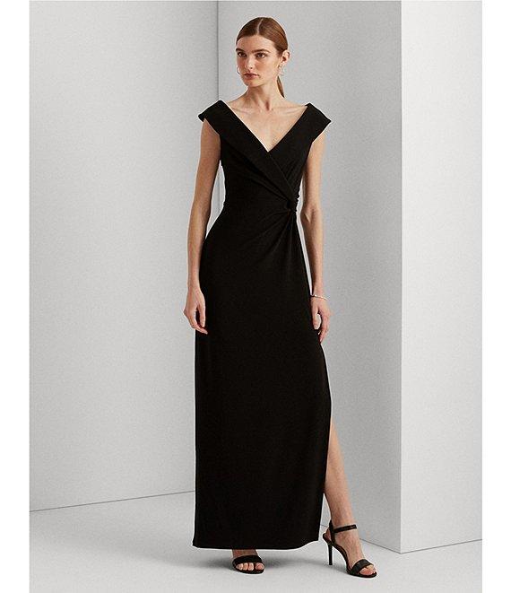 Lauren Ralph Lauren Fold Over Collar V-Neck Sleeveless Side Slit Gown Product Image