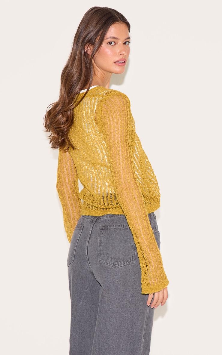 Olive Ladder Knit Sheer Cropped Tie Front Top Product Image