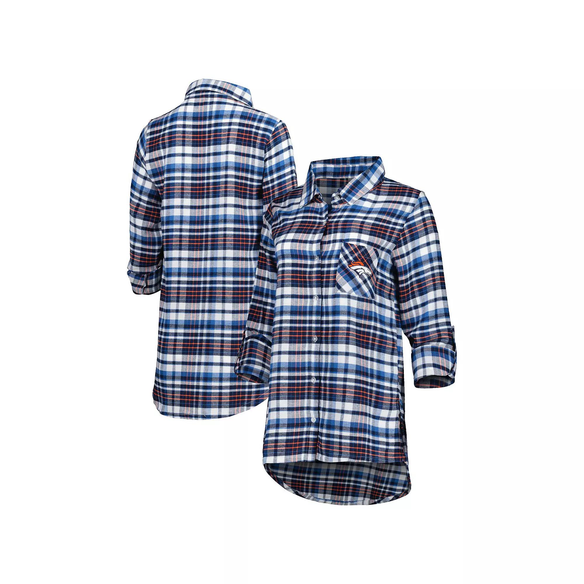 Women's Concepts Sport Navy Denver Broncos Mainstay Plaid Full-Button Long Sleeve Nightshirt, Size: XL, Blue Product Image