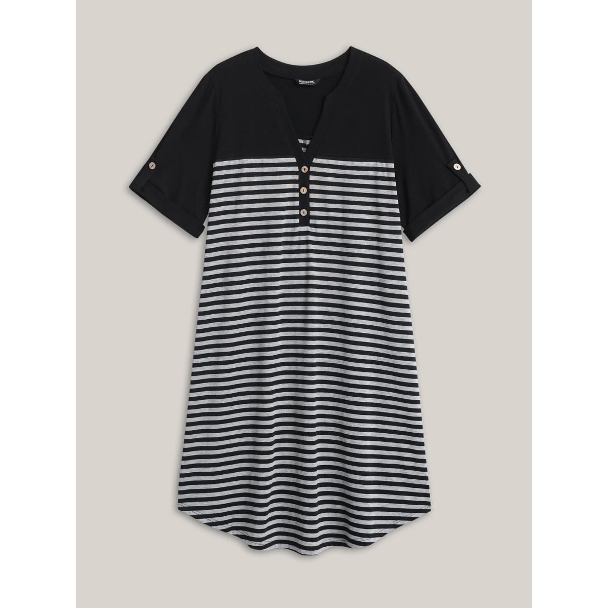 Plus Size Stripes Button Tab Sleeve Midi Dress Black Women Leisure Non Half Sleeve Curvy BloomChic 30/6X Product Image