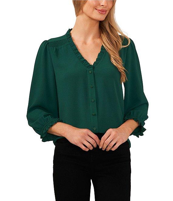 CeCe Woven V-Neck 3/4 Sleeve Ruffled Blouse Product Image