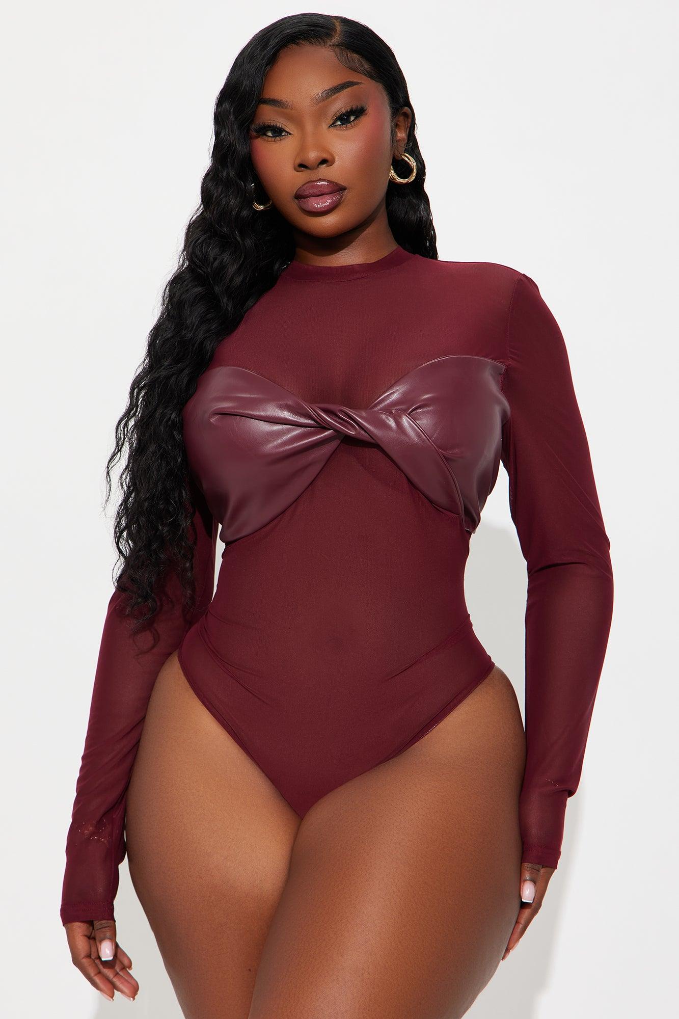 Best Of Luck Long Sleeve Twist Mesh Bodysuit - Burgundy Female Product Image