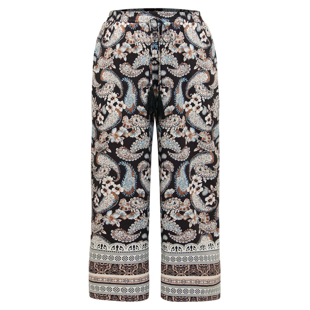 Plus Size Boho Print Tassel Elastic Waist Pants Women Black Resort Straight Leg High Rise Vacation Pants BloomChic 14-16/1X Product Image