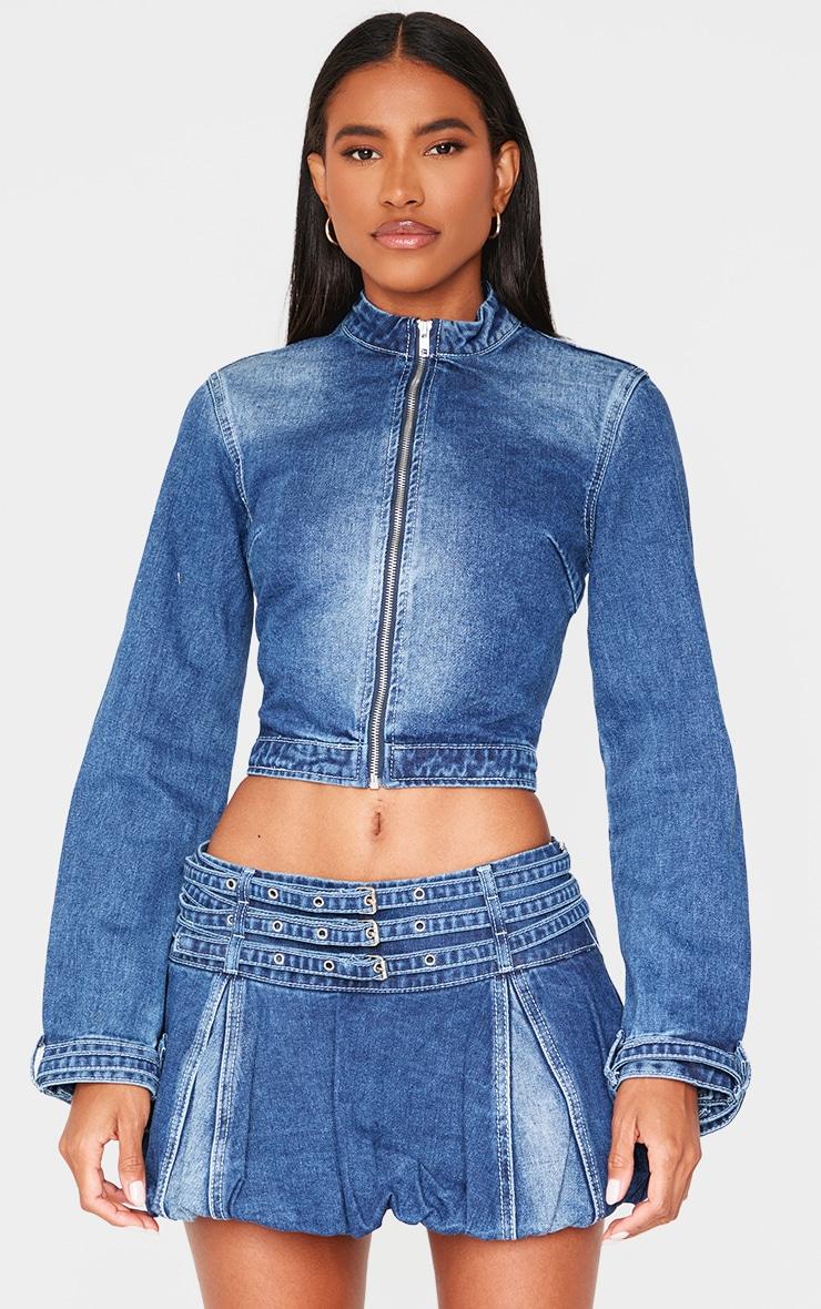 Indigo Buckle Detail Denim Puffball Mini Skirt Product Image