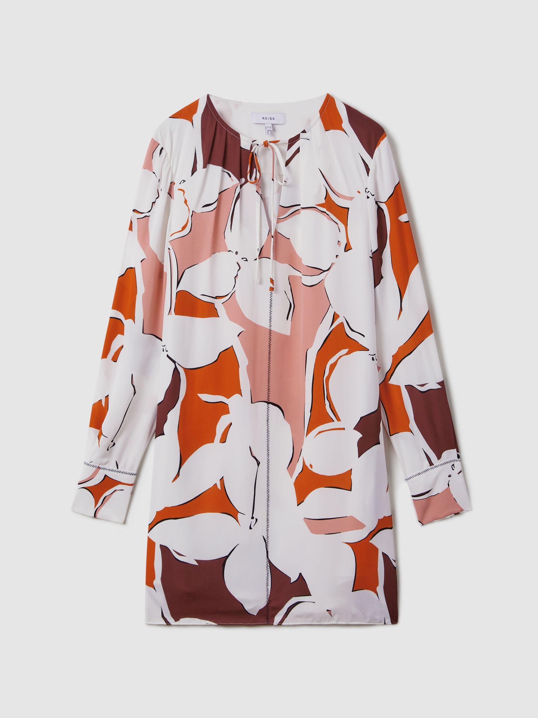 Printed Tie Neck Mini Dress in Cream/Red Product Image