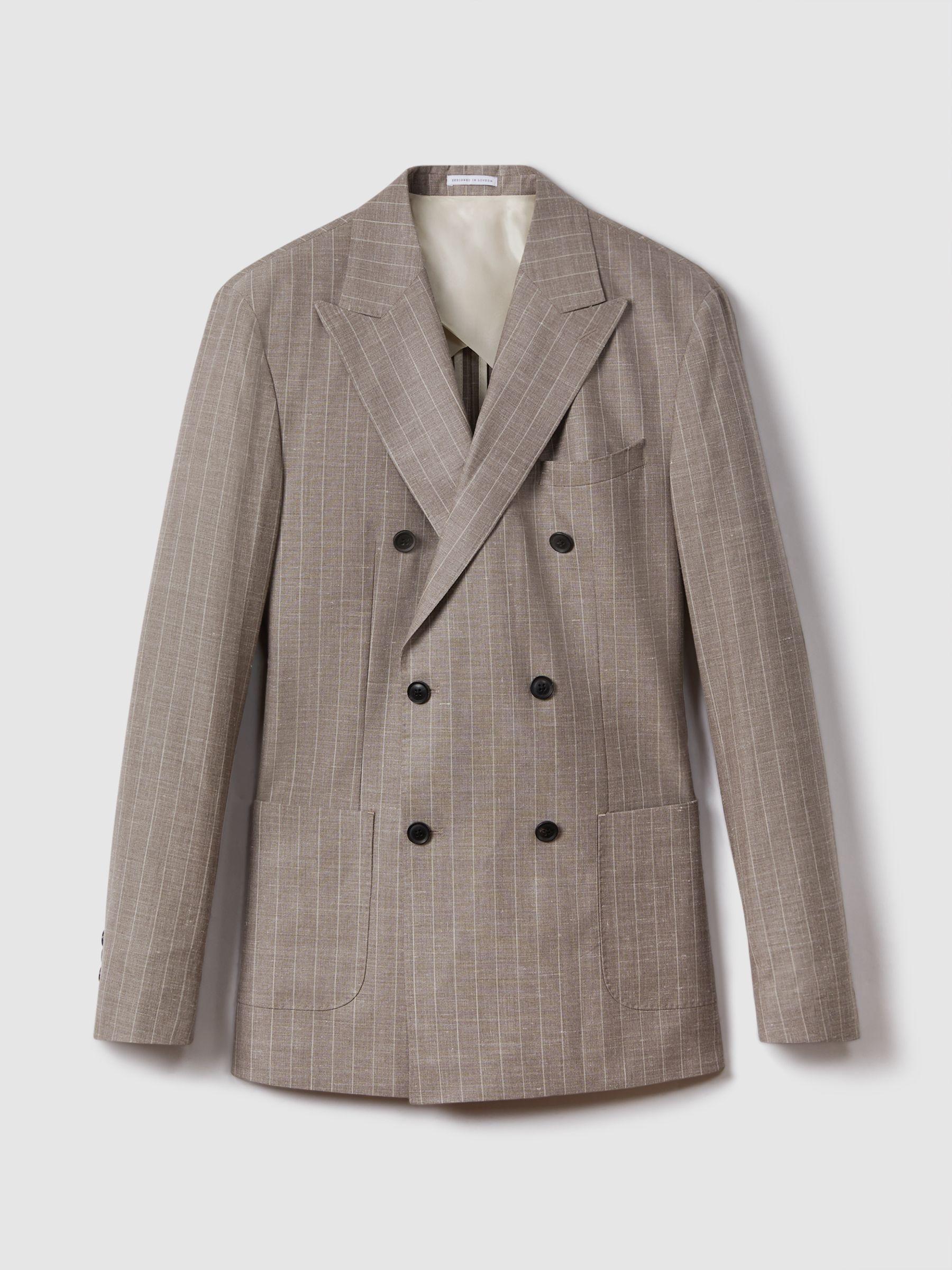 Slim Fit Wool-Silk-Linen Double Breasted Blazer in Mocha Product Image