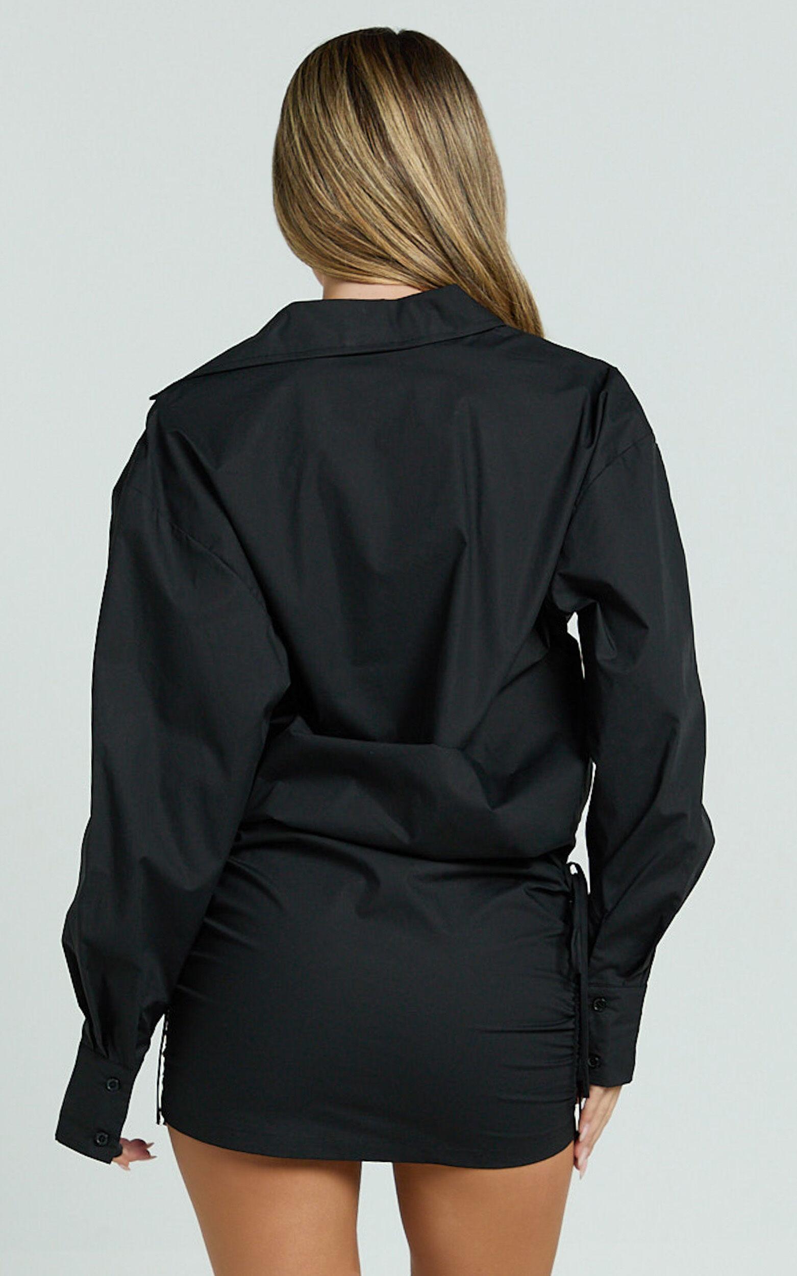 Avalon Mini Dress - Button Up Ruched Shirt Dress in Black Product Image