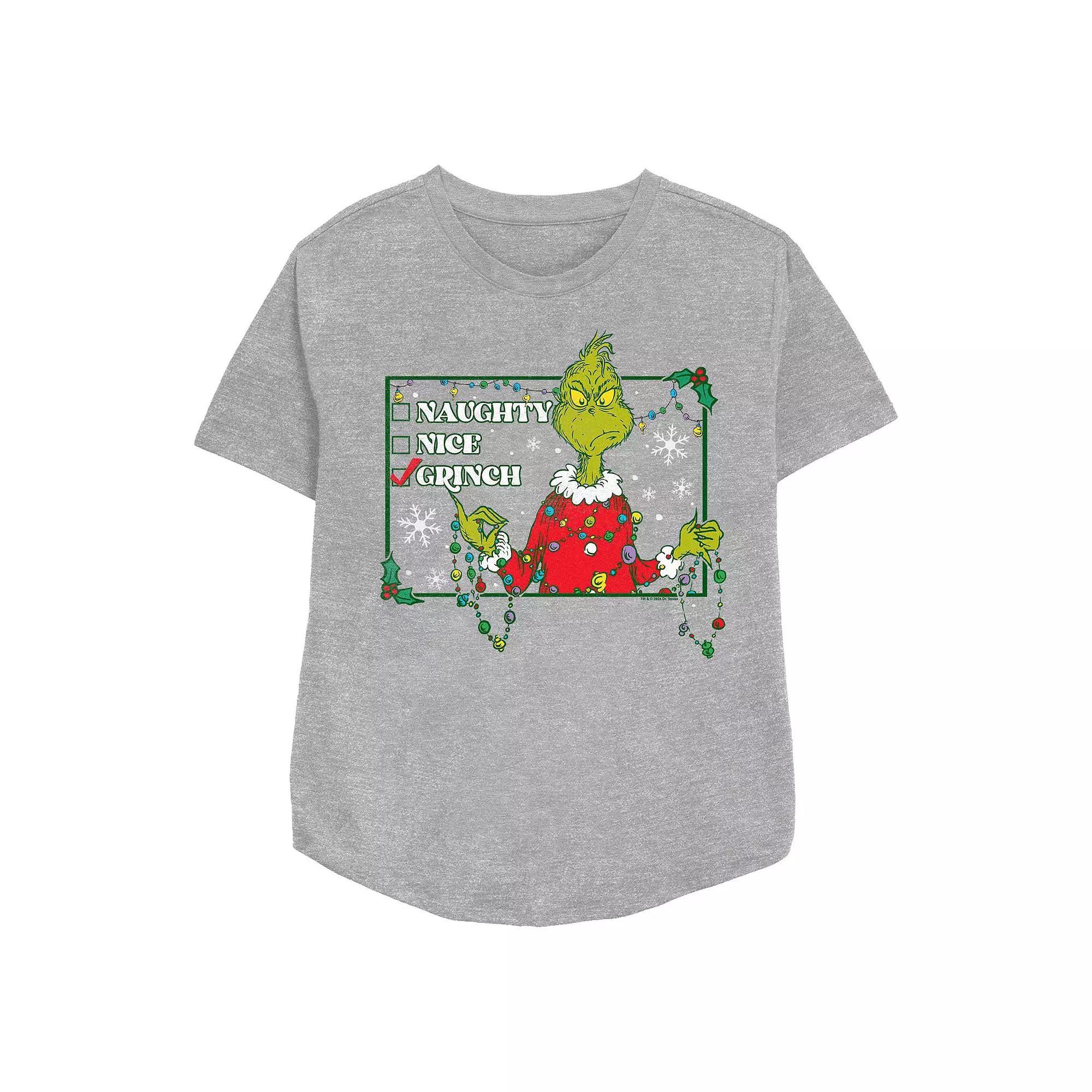 Women's Dr. Seuss Grinch Naughty Or Nice Checklist Relaxed Fit Graphic Tee, Size: XXL, Athletic Grey Product Image