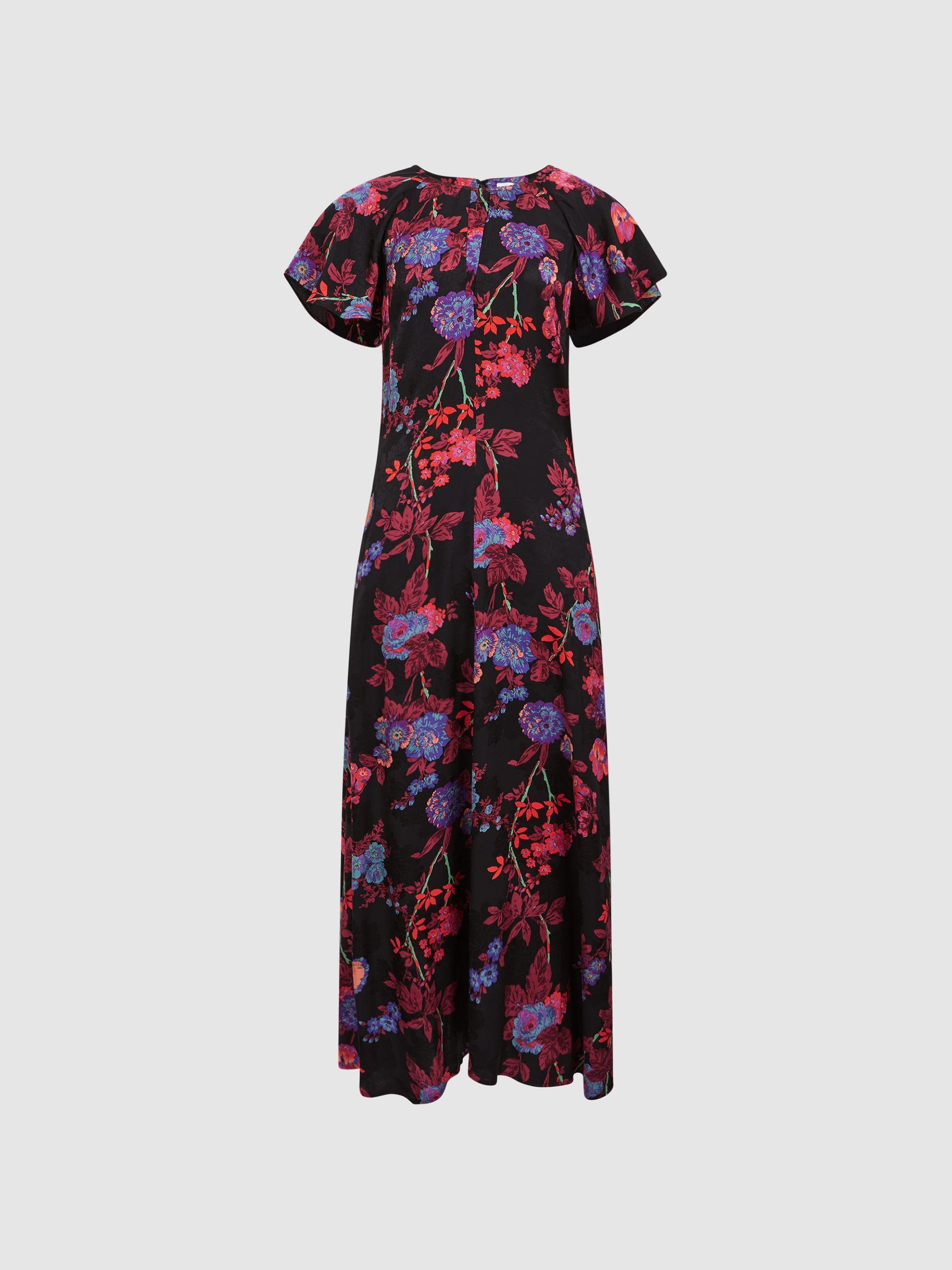 Fitted Floral Print Midi Dress in Black/Pink Product Image
