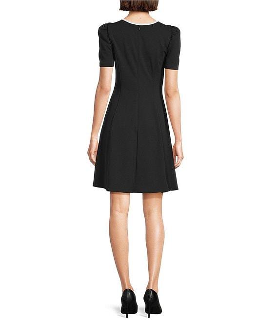 KARL LAGERFELD PARIS Scuba Crepe Contrast Trim Short Puff Sleeve A-Line Dress Product Image