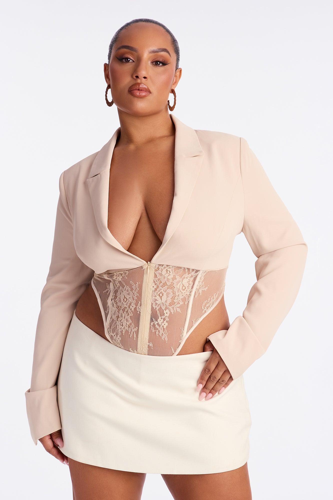 Isabella Shoulder Pads Lace Bodysuit - Beige Female Product Image