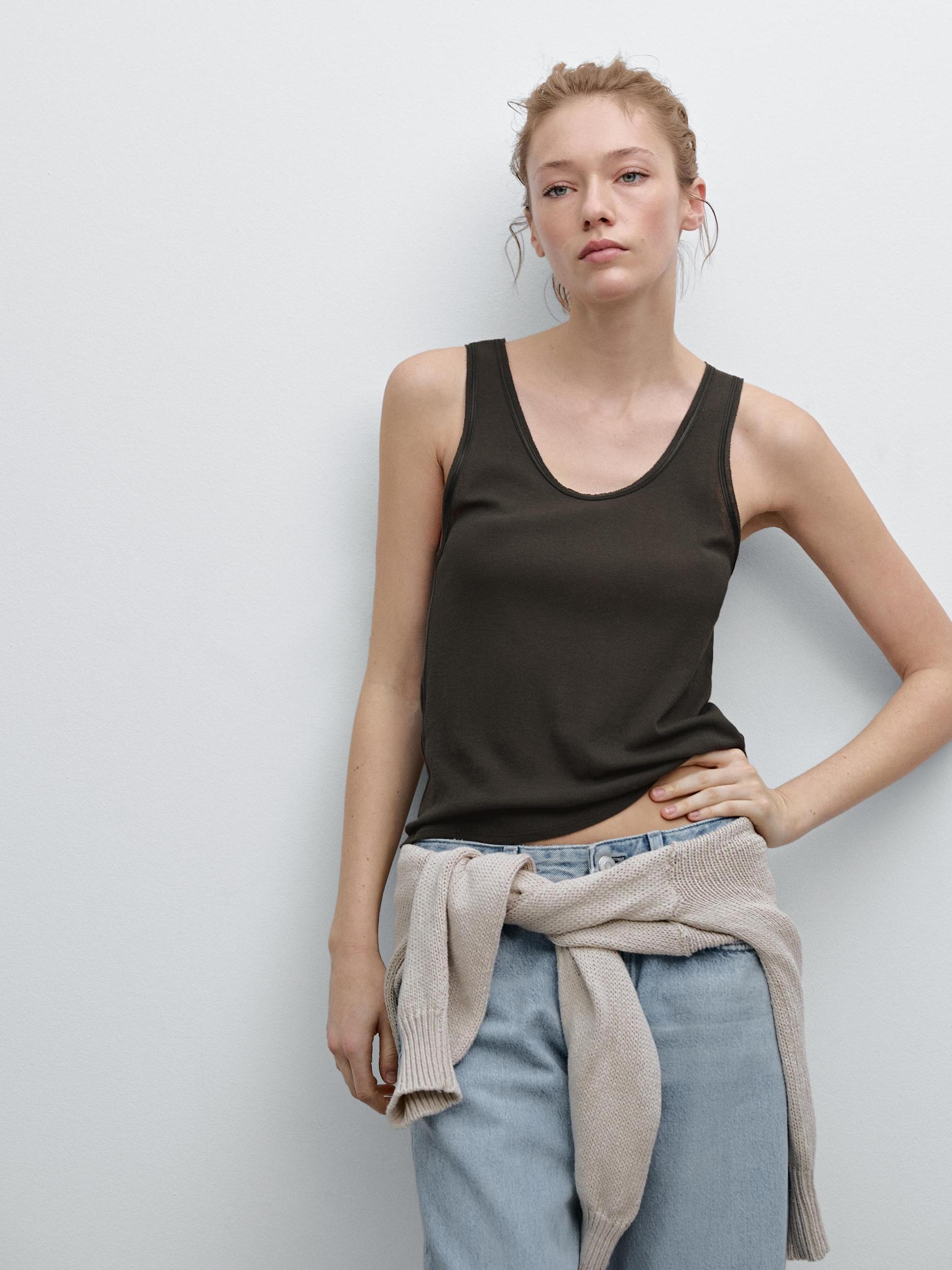 Contrast leather trimmed strappy top Product Image