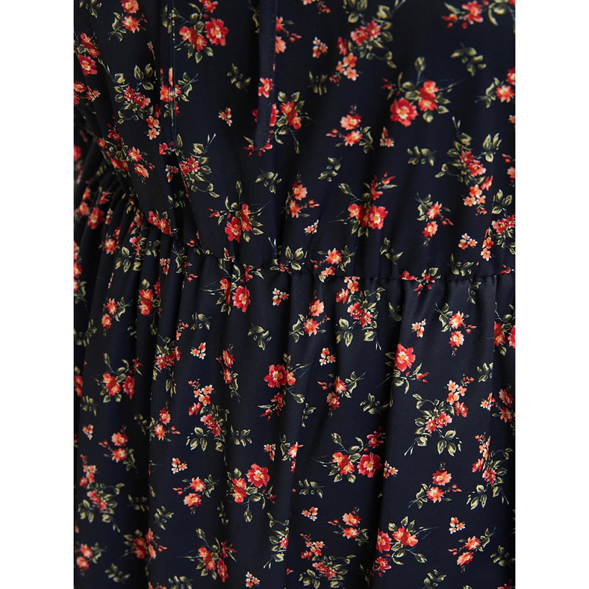 Plus Size Ditsy Floral Frill Trim Tie Neck Pocket Arc Hem Dress DarkBlue Women Elegant Cross straps Round Neck Half Sleeve Curvy Midi Dress BloomChic 22-24/3X Product Image