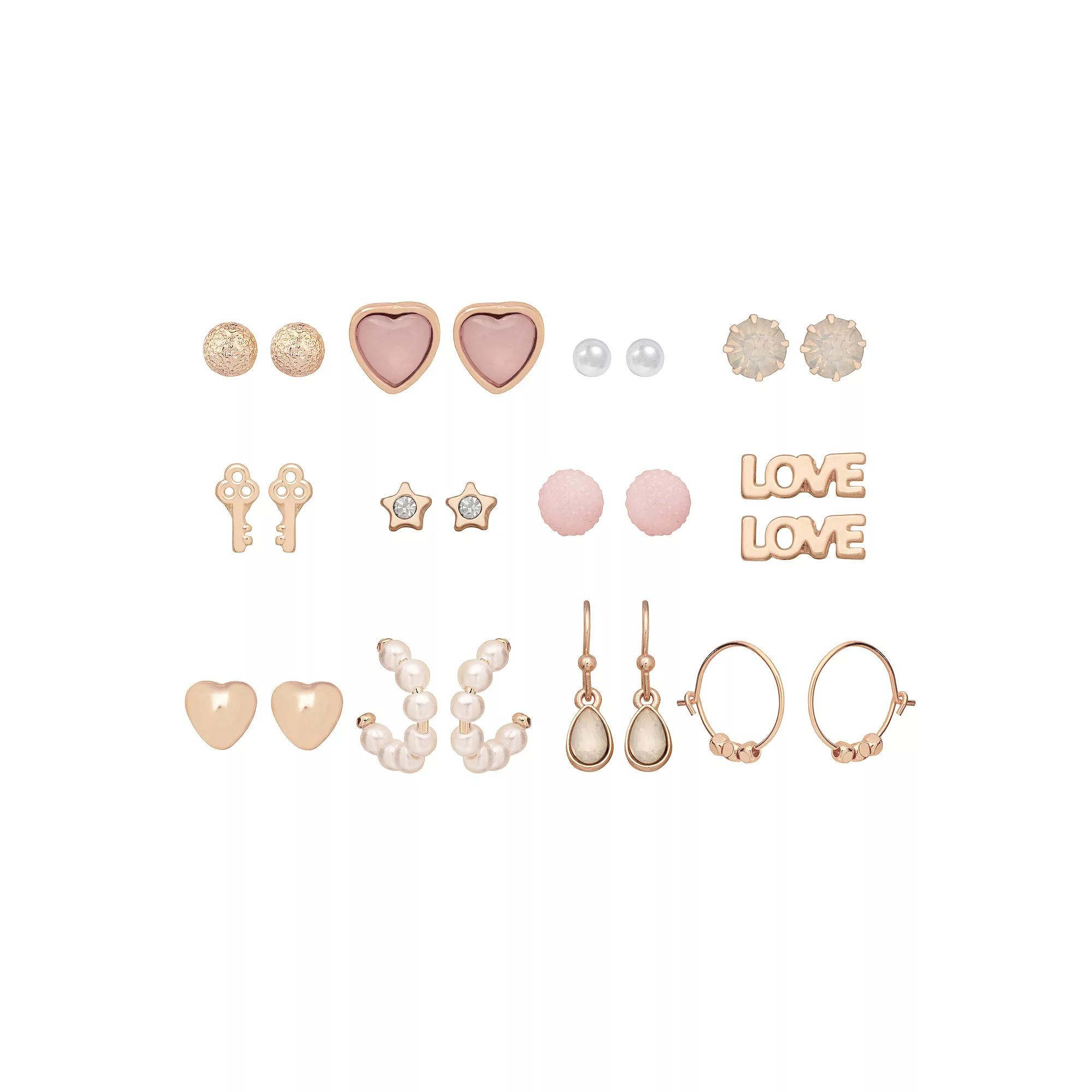 LC Lauren Conrad Rose Gold Tone Crystal & Simulated Pearl Love Earrings 12-pack Set, Women's, Pink Product Image
