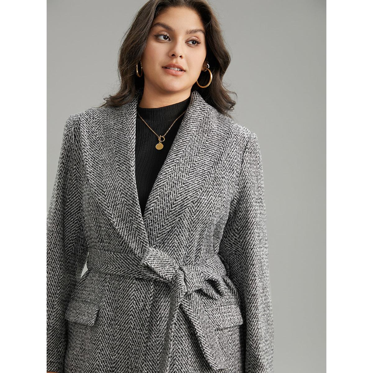 Plus Size Tweed Belted Lapel Collar Flap Pocket Coat Women Black Casual Belted Ladies Dailywear Winter Coats BloomChic 30/6X Product Image