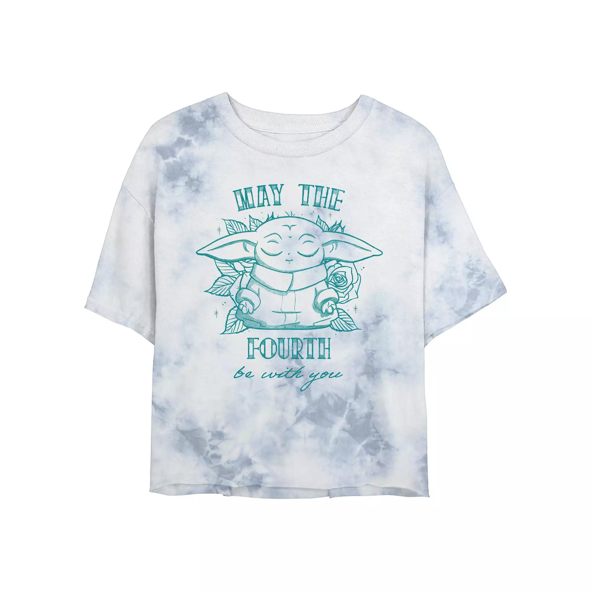 Juniors' Star Wars "May The Fourth Be With You" Grogu Line Art Wash Crop Tee, Women's, Size: Large, White Blue Product Image