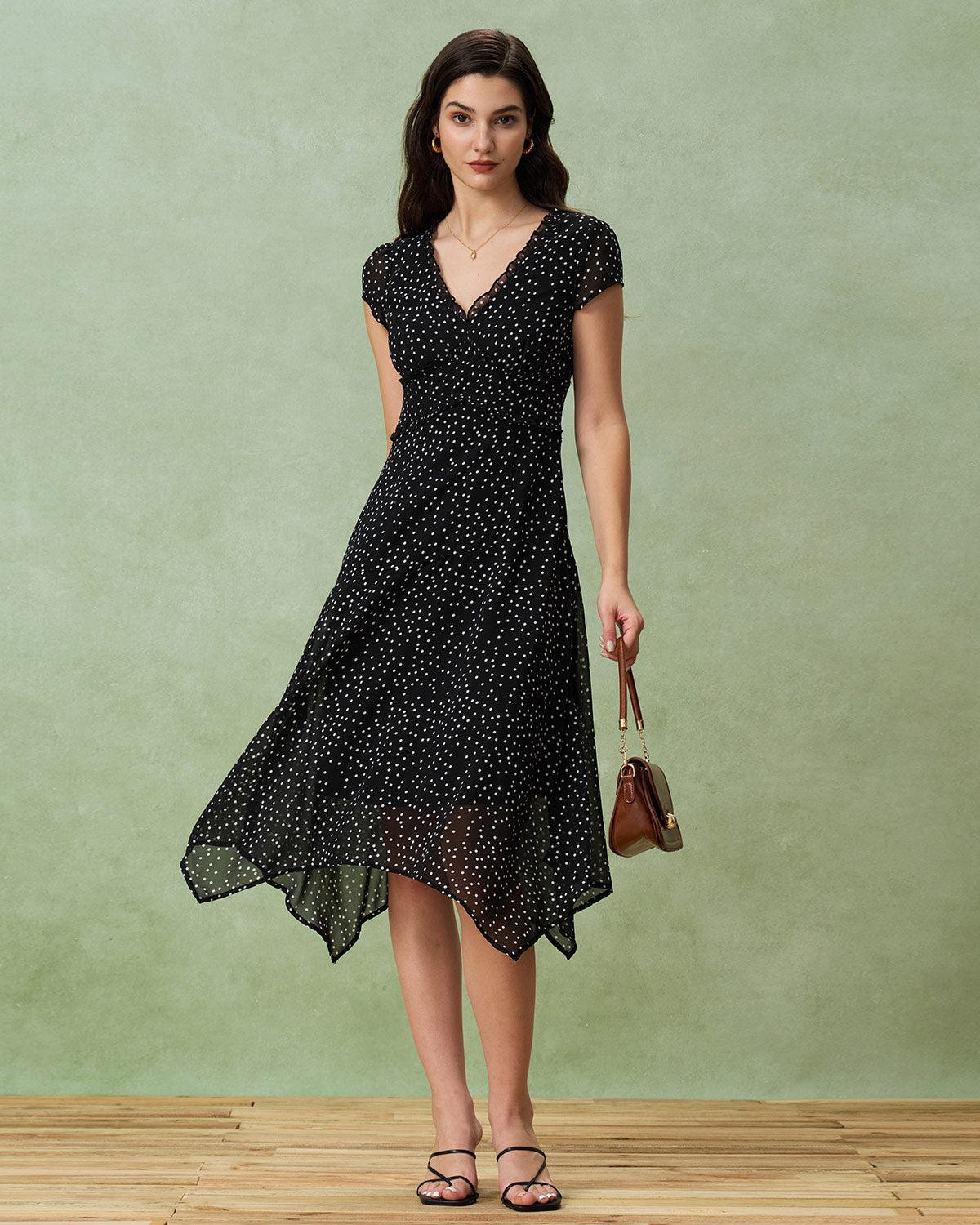 Black V Neck Polka Dot Midi Dress Product Image