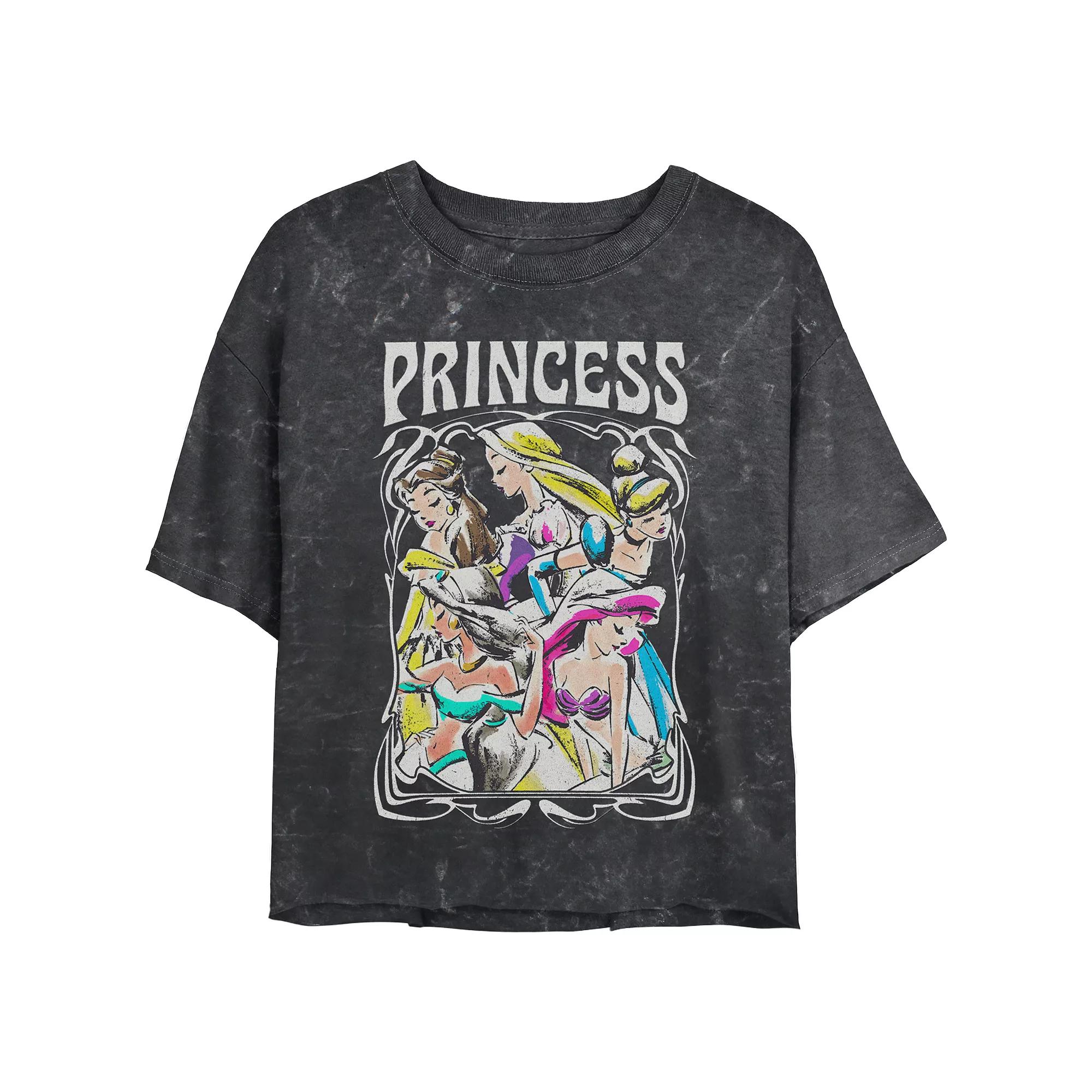 Disney's Belle, Rapunzel, Cinderella, Jasmine & Ariel Princess Profile Portrait Juniors' Cropped Graphic Tee Top Mineral Wash Juniors' Graphic Tee, Women's,  Product Image