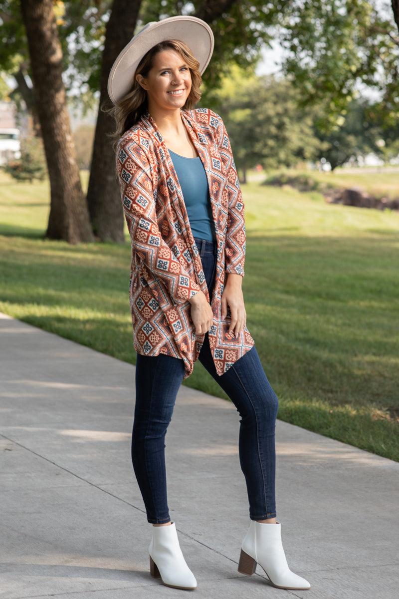 Orange and Teal Multicolor Aztec Cardigan Product Image