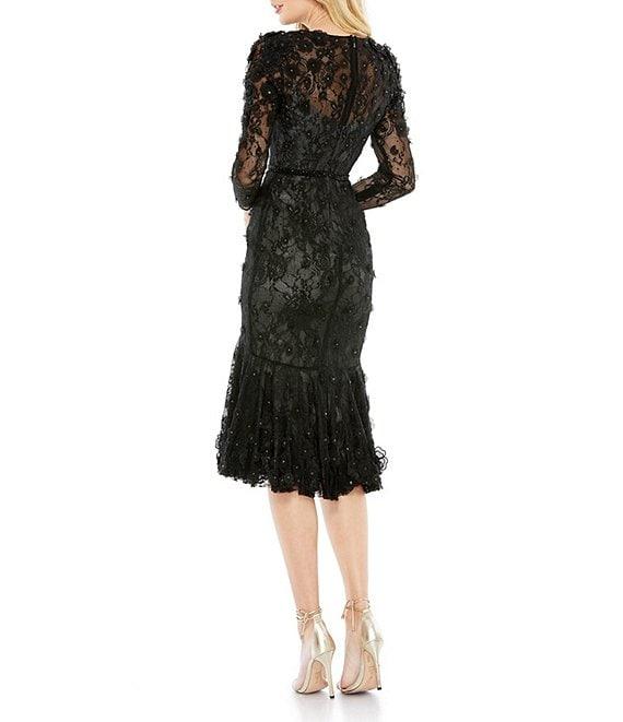 Mac Duggal Floral Applique Long Sleeve Flounce Fit and Flare Dress Product Image