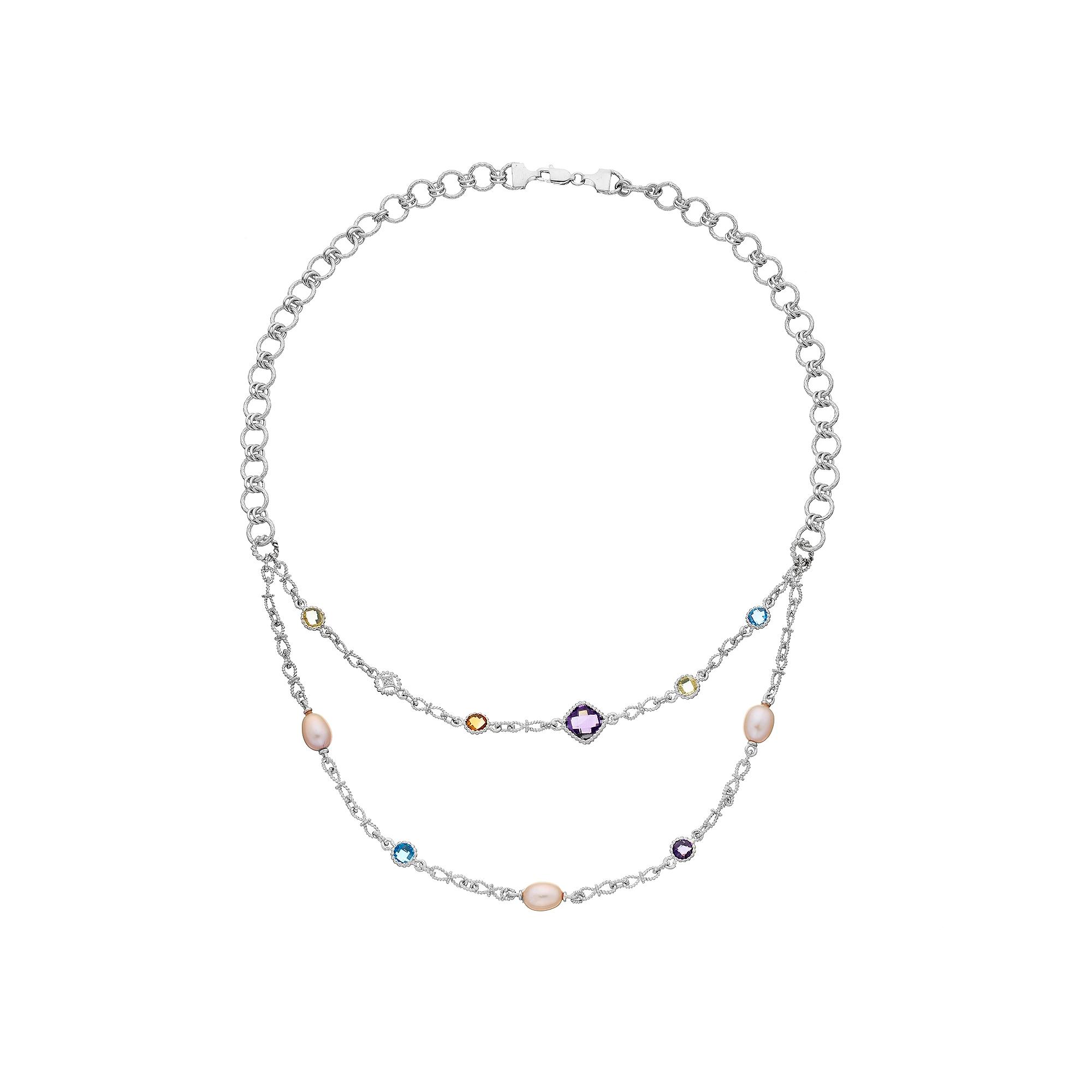 Sterling Silver Gemstone, Freshwater Cultured Pearl & Diamond Accent Double Strand Necklace, Women's, Size: 17" Product Image