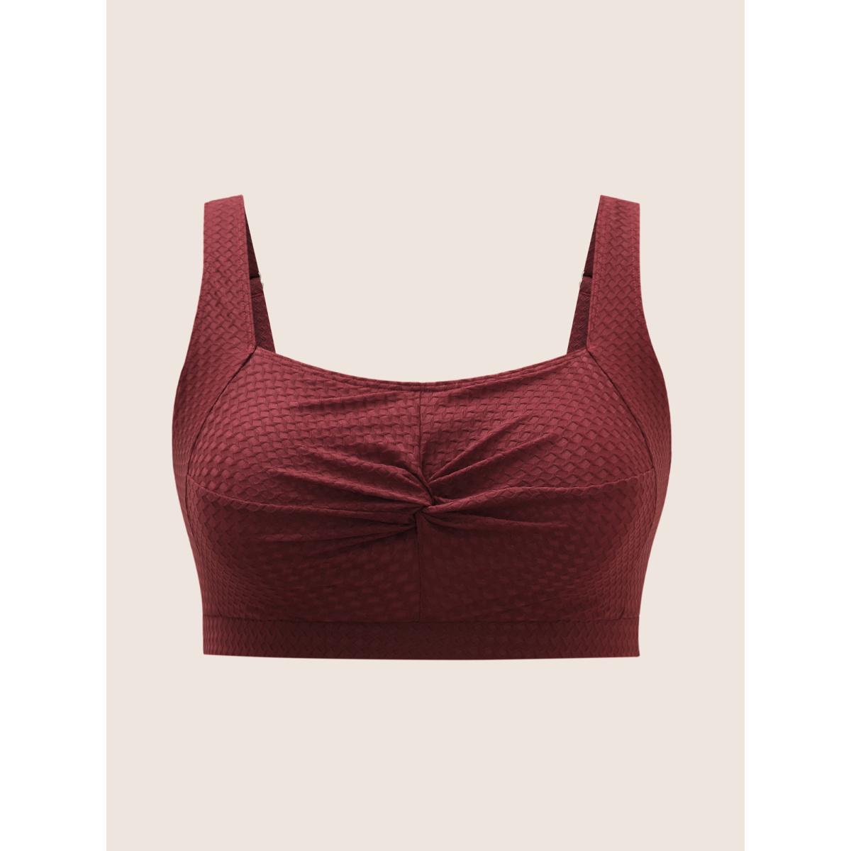 Plus Size Solid Twist Texture Swim Top Women's Swimwear Burgundy Beach Twist High stretch Skinny Heart neckline Curve Swim Tops BloomChic 28/5X Product Image