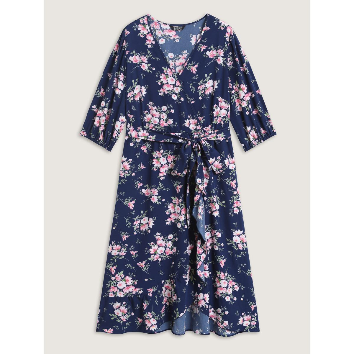 Plus Size Floral Print Belted Wrap Hem Midi Dress Skyblue Women Overlap Collar Elbow-length sleeve Curvy BloomChic 12/L Product Image