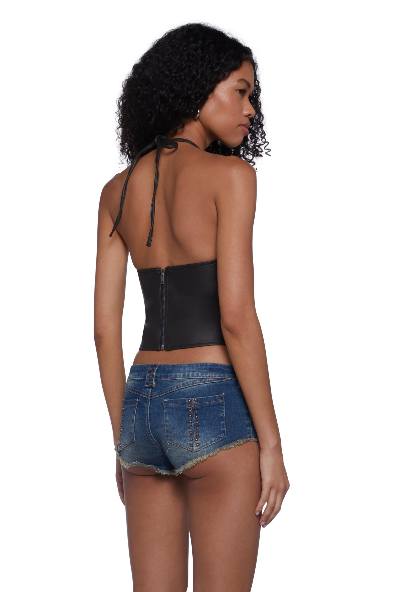 Womens Vegan Leather Rose Halter Top Current Mood - Black Product Image