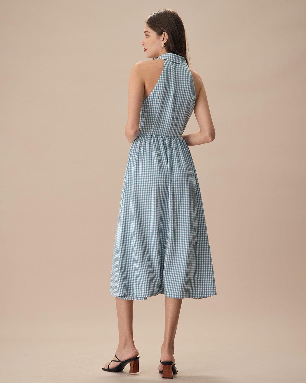 The Blue Lapel Plaid Sleeveless Shirt Midi Dress Product Image