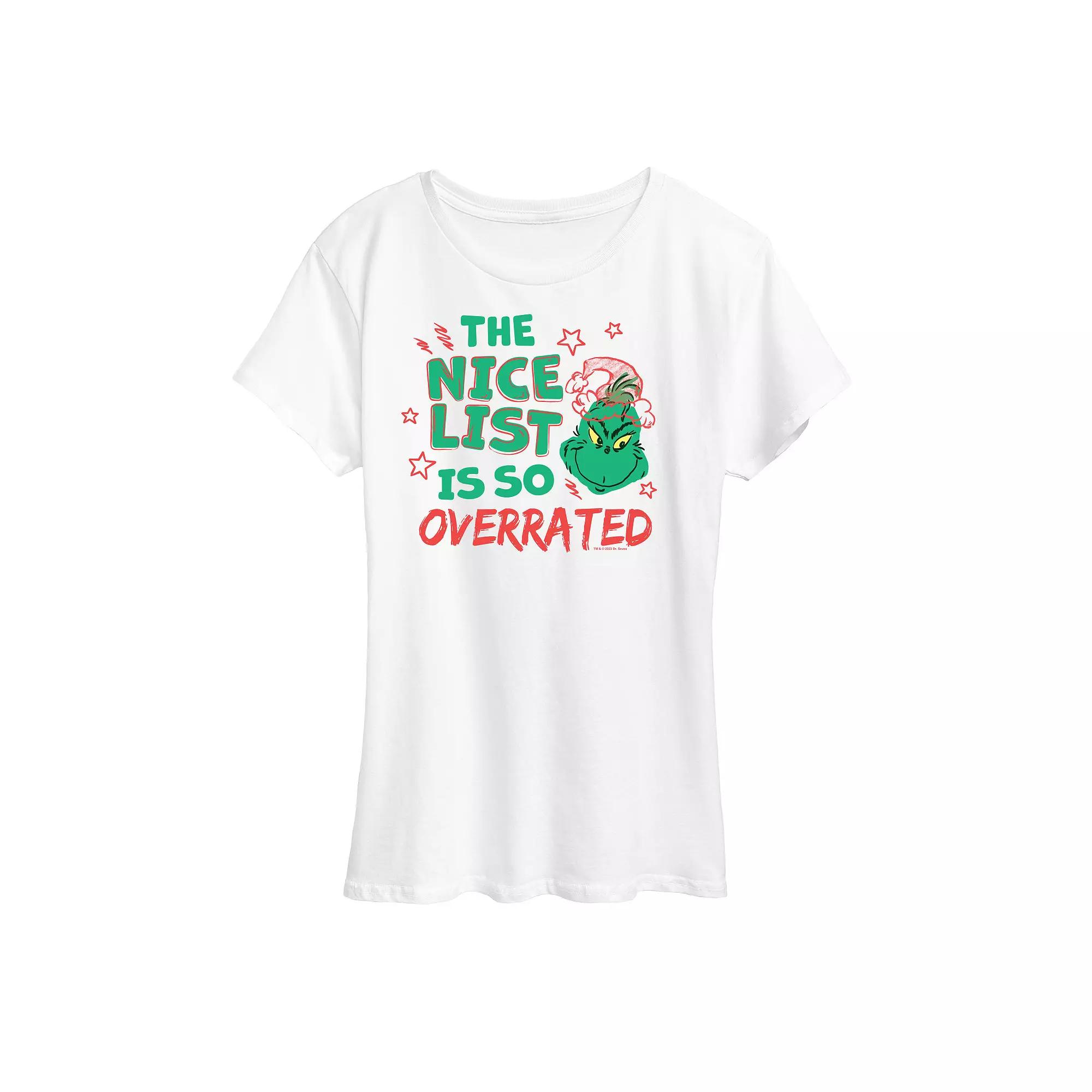 Women's Dr. Seuss The Grinch Nice List Overrated Graphic Tee, Girl's,  Product Image