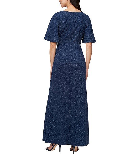 Ignite Evenings Metallic Knit L-Neck Short Sleeve Ruched Waist Gown Product Image