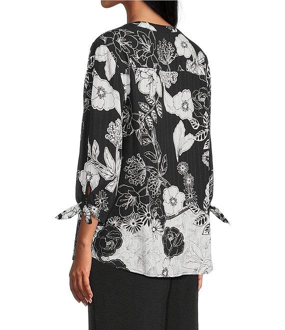 Allison Daley Floral Slope Border Print 3/4 Sleeve Y-Neck Blouse Product Image