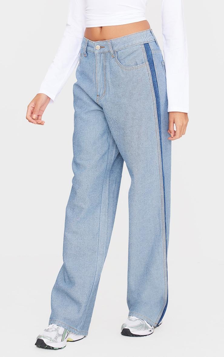 Mid Blue Wash Contrast Panel Denim Straight Leg Jeans Product Image