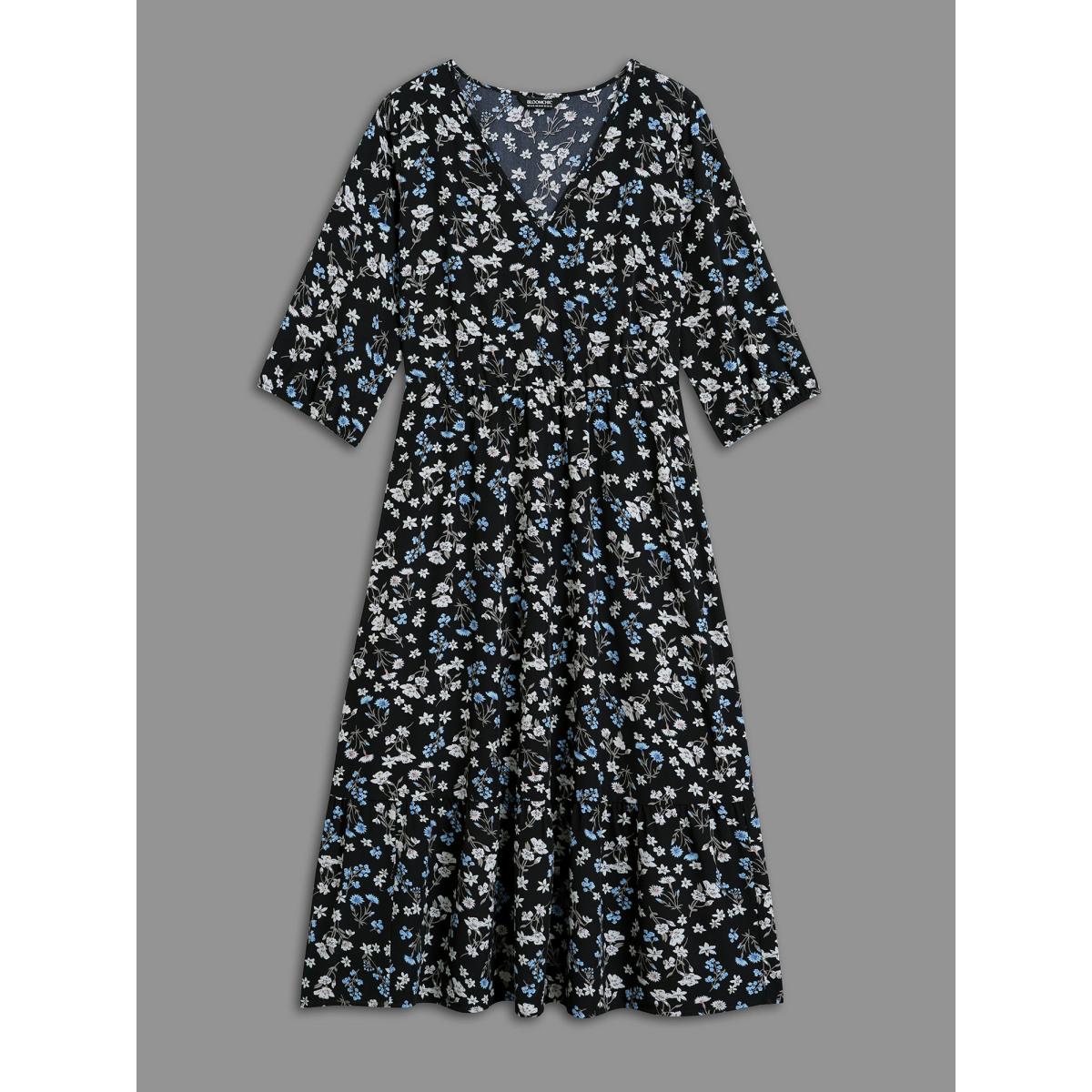 Plus Size Floral Print Stretchy-Waist Pockets Midi Dress BlackFlower Women Elegant Non V-neck Elbow-length sleeve Curvy BloomChic 10/M Product Image