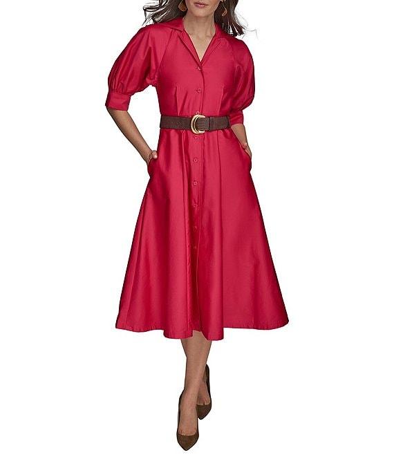 Donna Karan Cotton Sateen Collared Neck Short Sleeve Belted Midi Shirt Dress Product Image