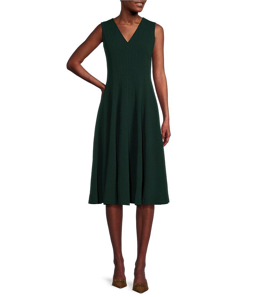 Calvin Klein V-Neck Sleeveless Scuba Crepe Fit And Flare Dress Product Image