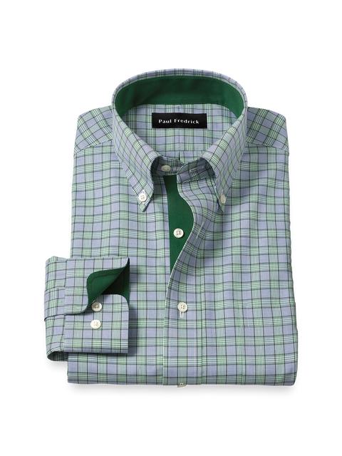 Non-Iron Cotton Plaid Dress Shirt With Contrast Trim - Navy/green Product Image