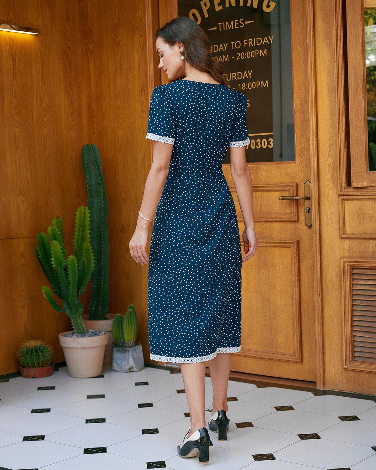 Navy Polka Dot Lace Midi Dress Product Image
