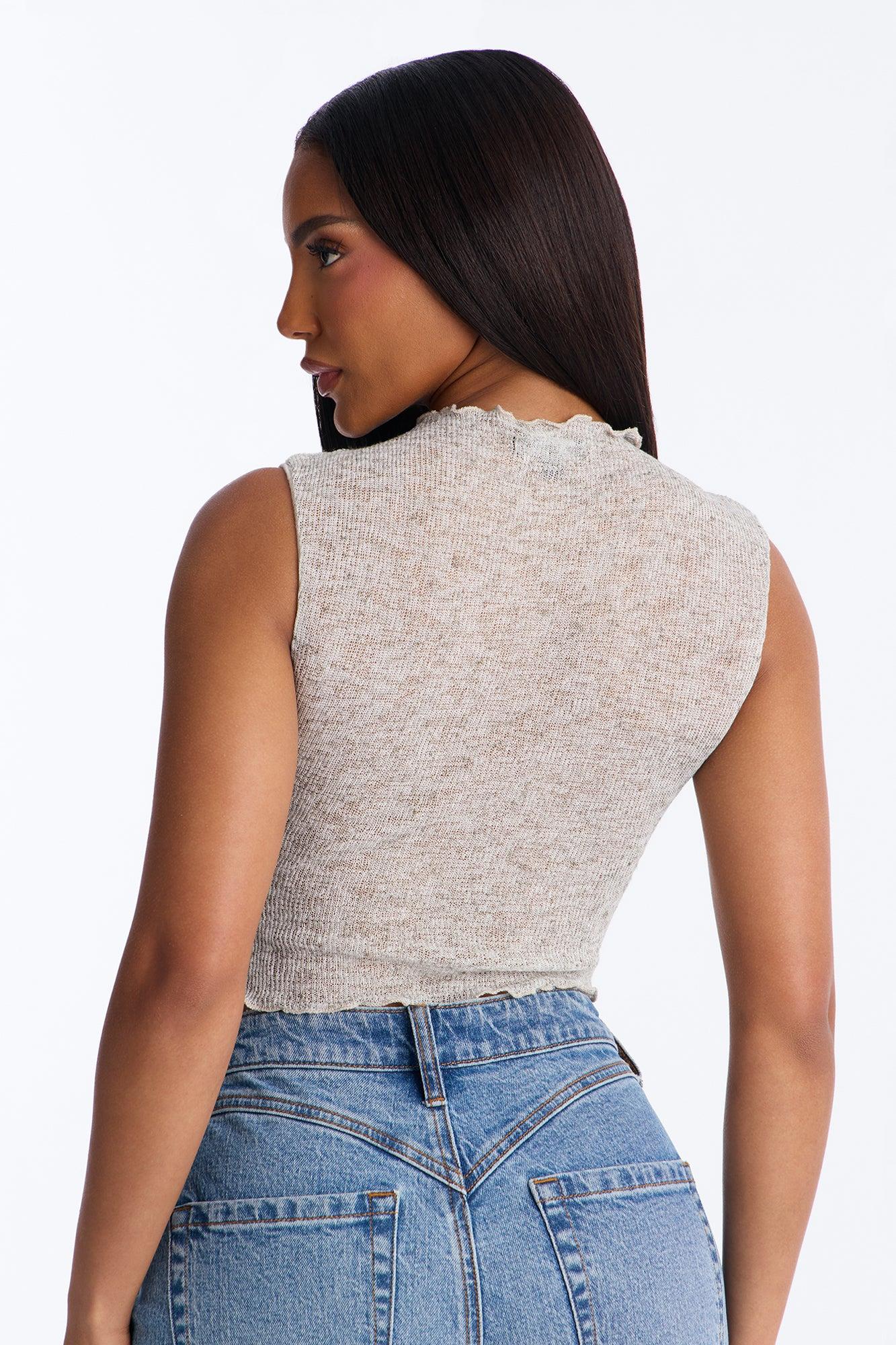 Heather Mock Neck Tie Sleeveless Top - Grey/combo Female Product Image