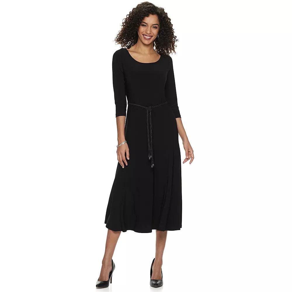 Women's Nina Leonard Three-Quarter Sleeve Belted Midi Dress,  Product Image