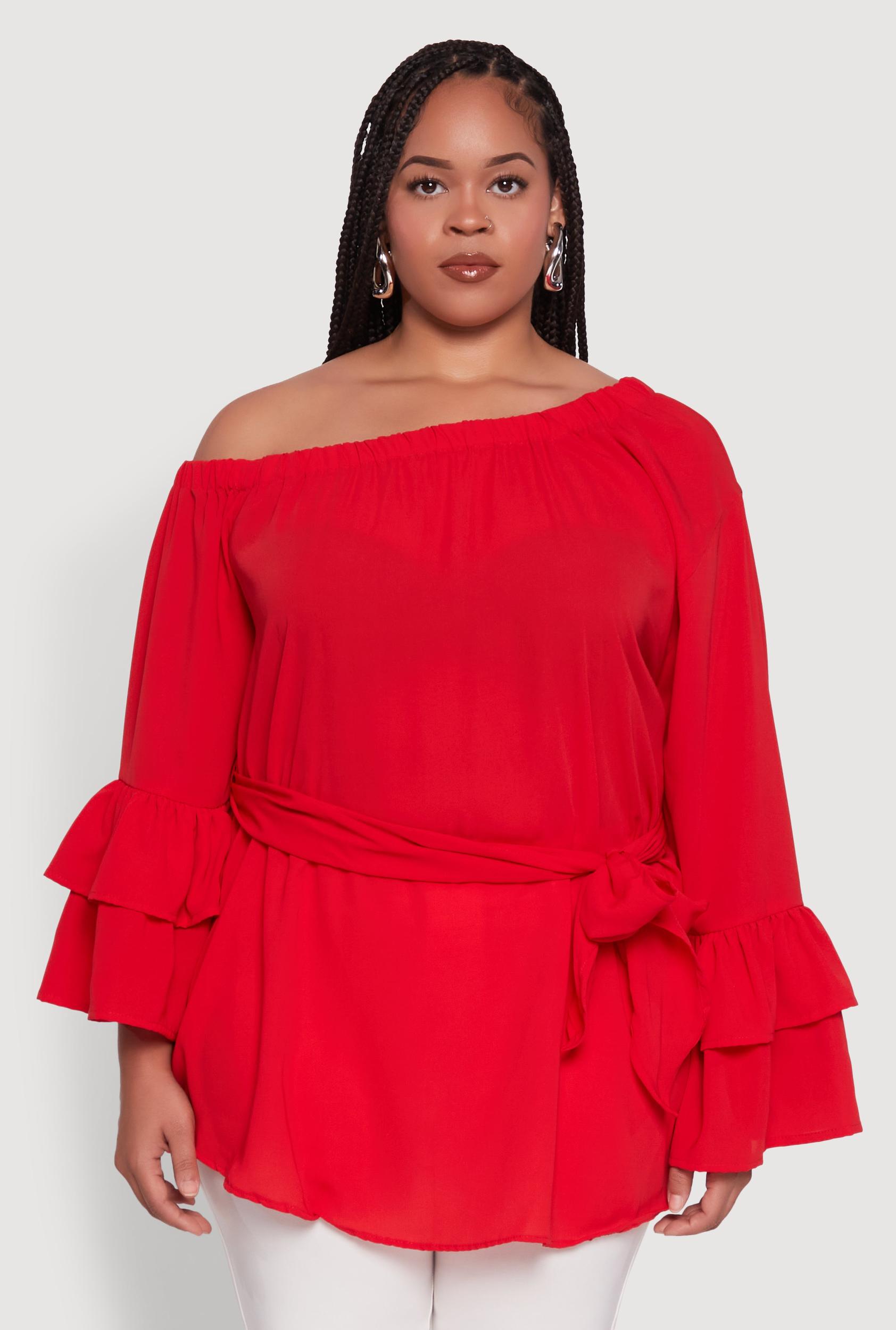 Plus Size Stylish One Shoulder Bell Sleeve Blouse with Ruffles Female Product Image