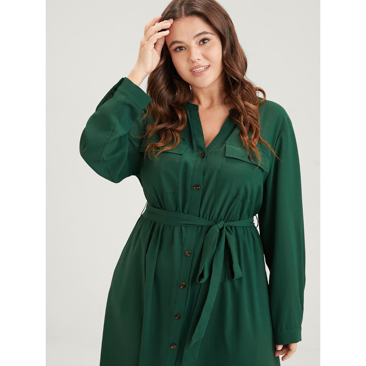 Plus Size Solid V Neck Pocket Button Asymmetrical Flutter Hem Belted Dress DarkGreen Women Office Plain V-neck Long Sleeve Curvy Long Dress BloomChic 22-24/3X Product Image