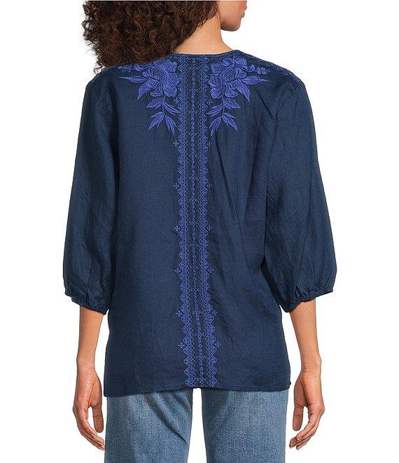 JOHNNY WAS Camille Embriordered Linen Split V-Neck 3/4 Puff Sleeve Blouse Product Image