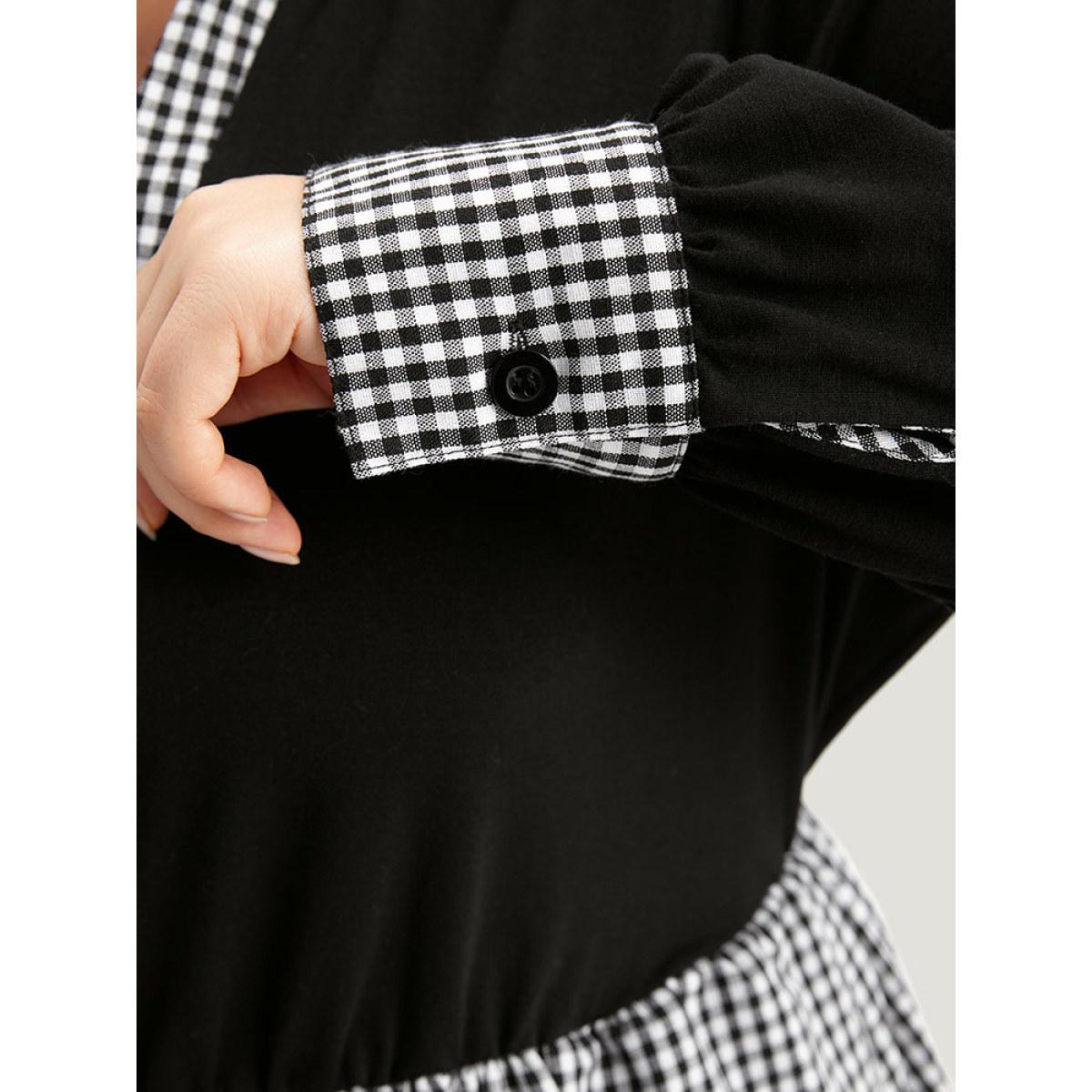 Plus Size Notched Drawstring Gingham Patchwor Dress Black Women Casual Patchwork Notched collar Long Sleeve Curvy Midi Dress BloomChic 18-20/2X Product Image