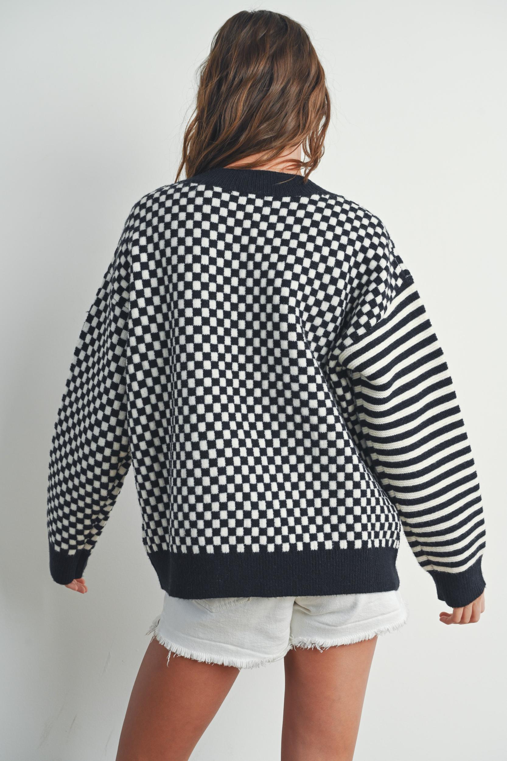 Checker V neck Cozy Sweater Product Image